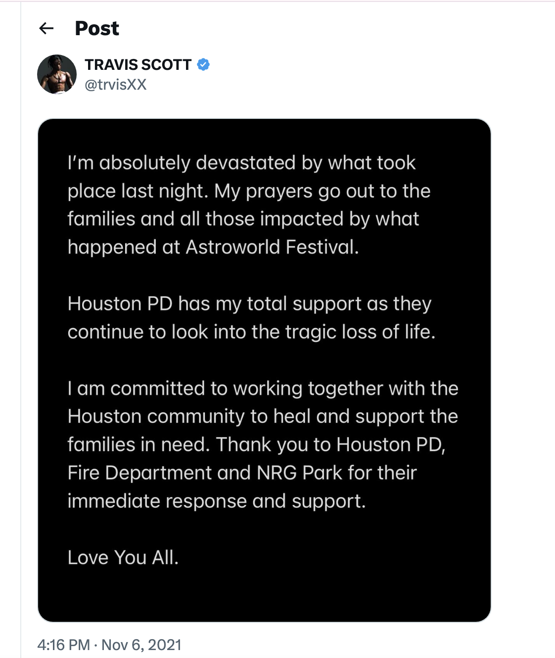 Travis Scott's X Post
