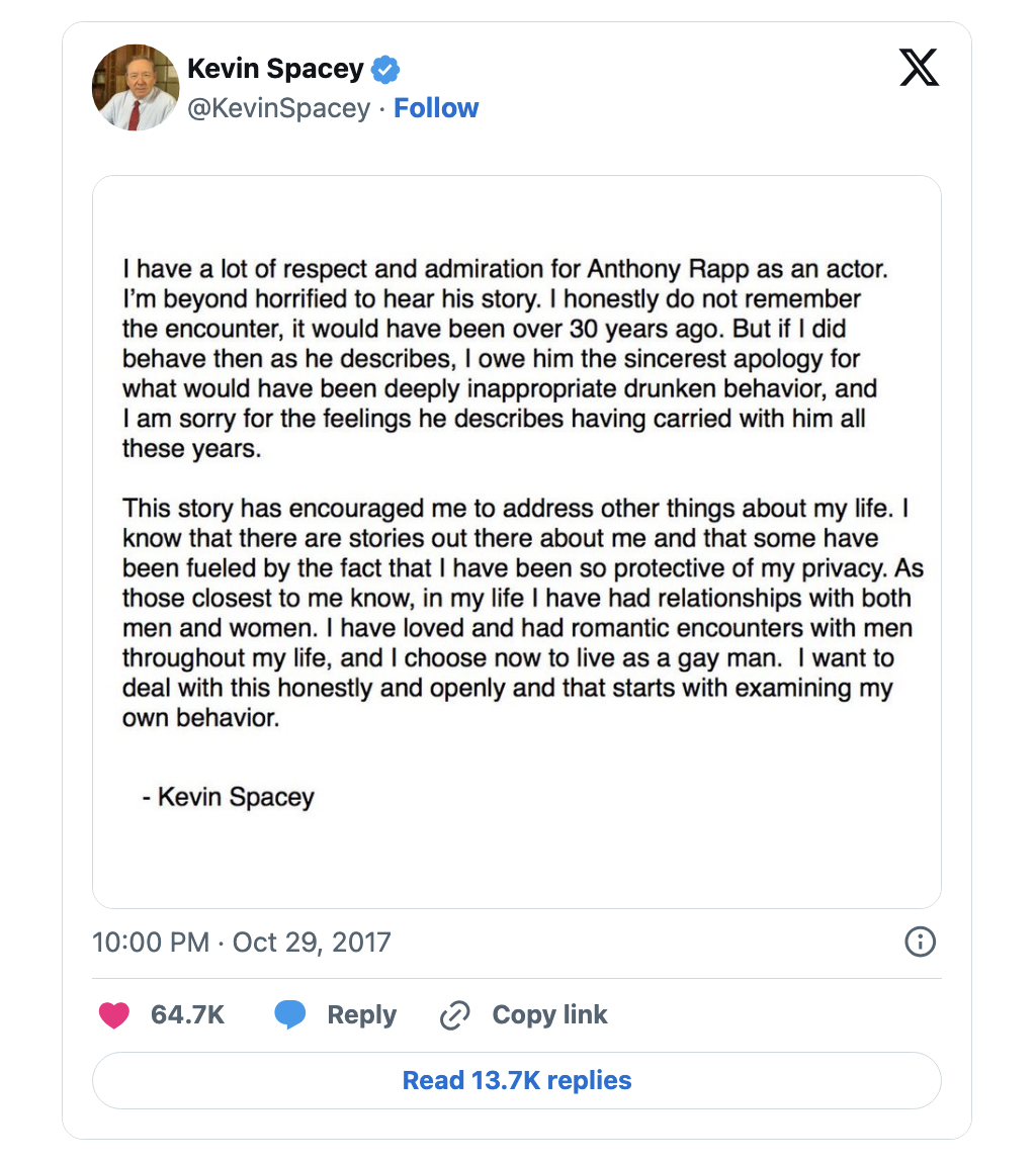 Kevin Spacey's Tweet Apology to Anthony Rapp.