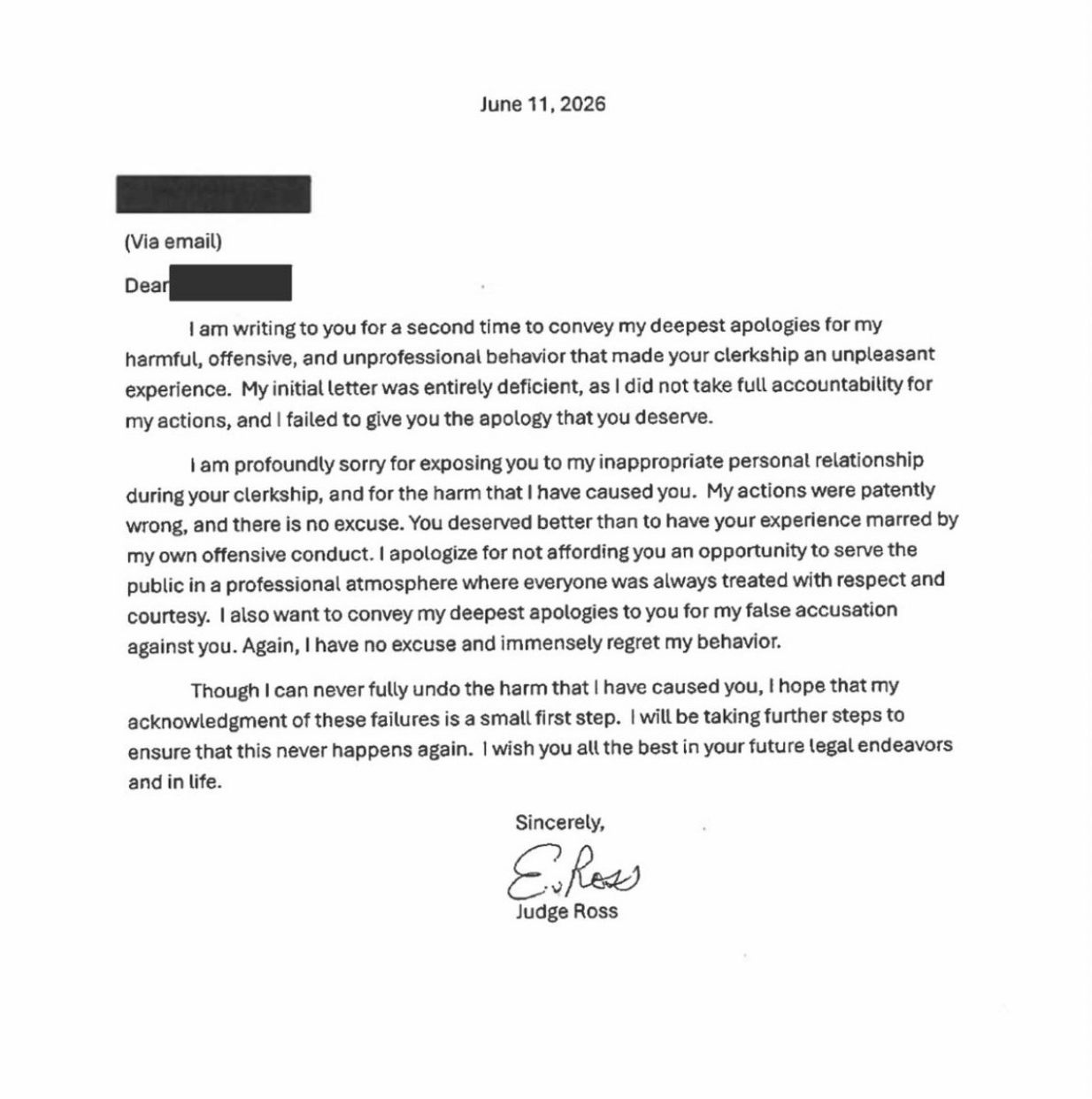 Second apology letter from Eleanor Ross