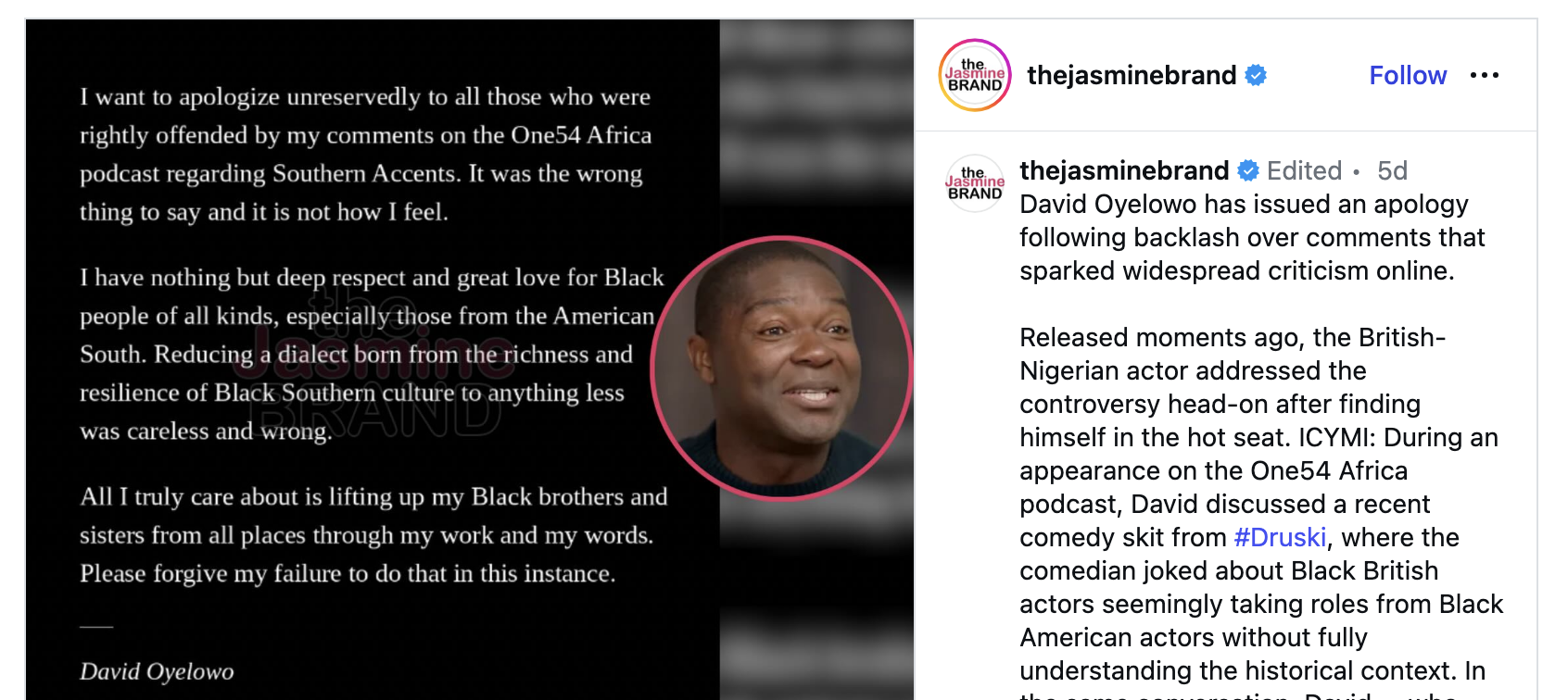 Screenshot of David Oyelowo's Instagram Apology