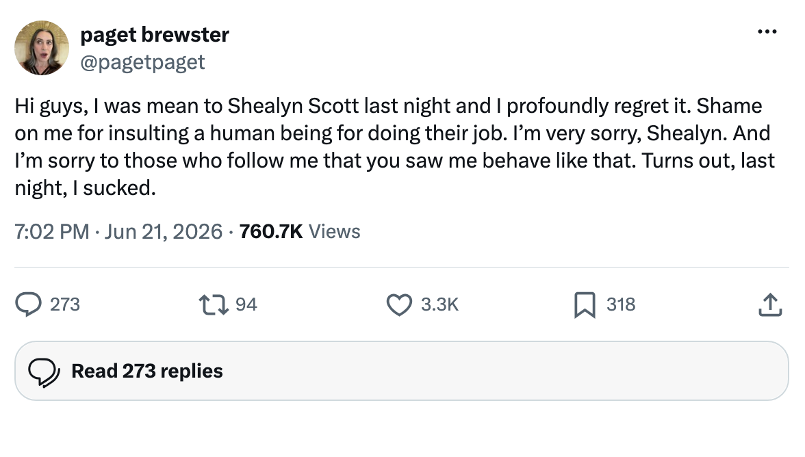 X Apology Post from Paget Brewster
