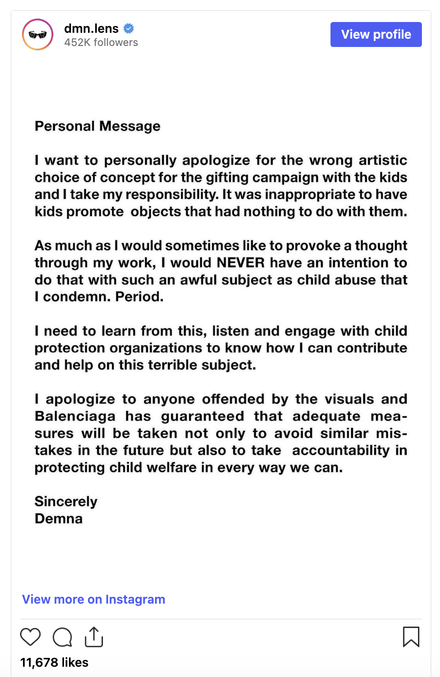 Instagram Statement from Balenciaga CEO