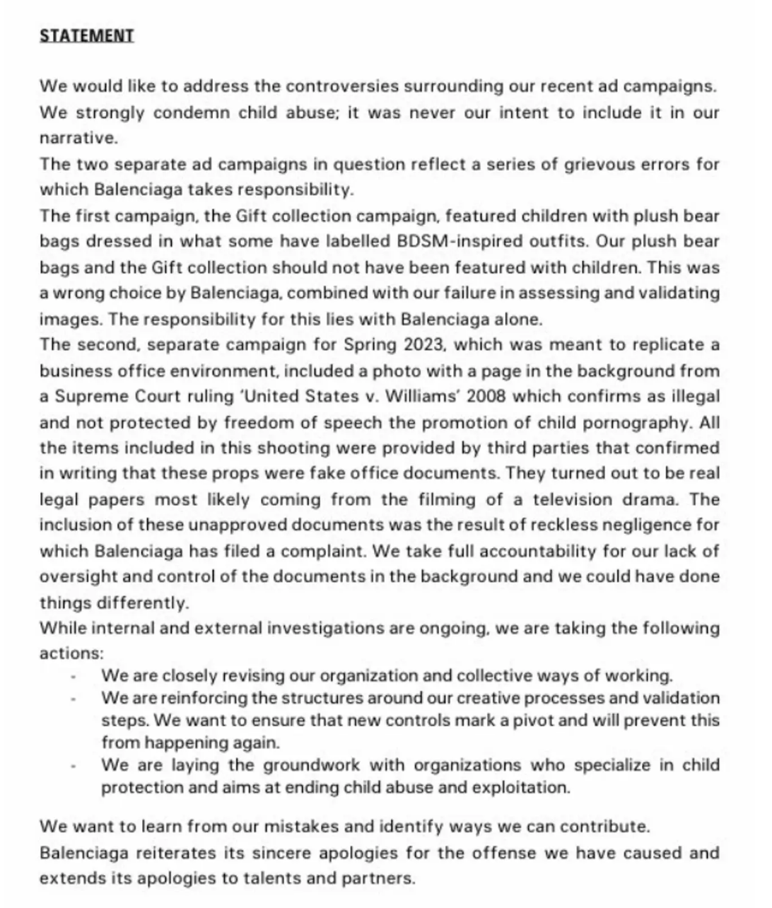 Statement from Balenciaga